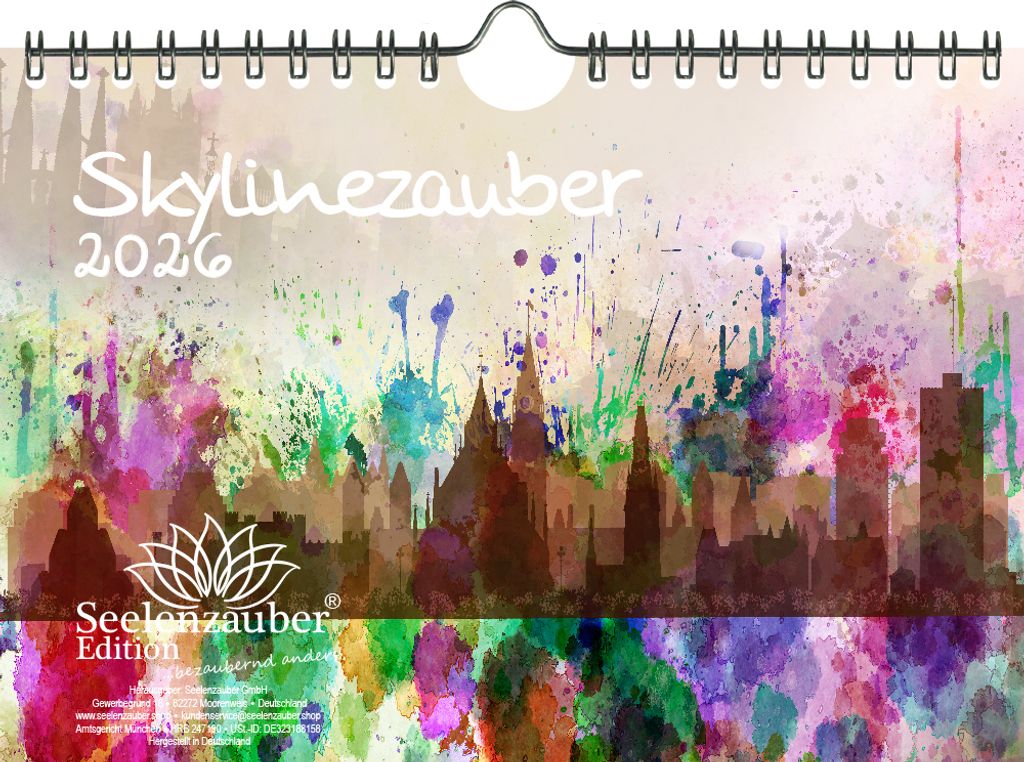 Skylinezauber DIN A5 Kalender für 2026 Städte Skylines in Aquarell - Seelenzauber