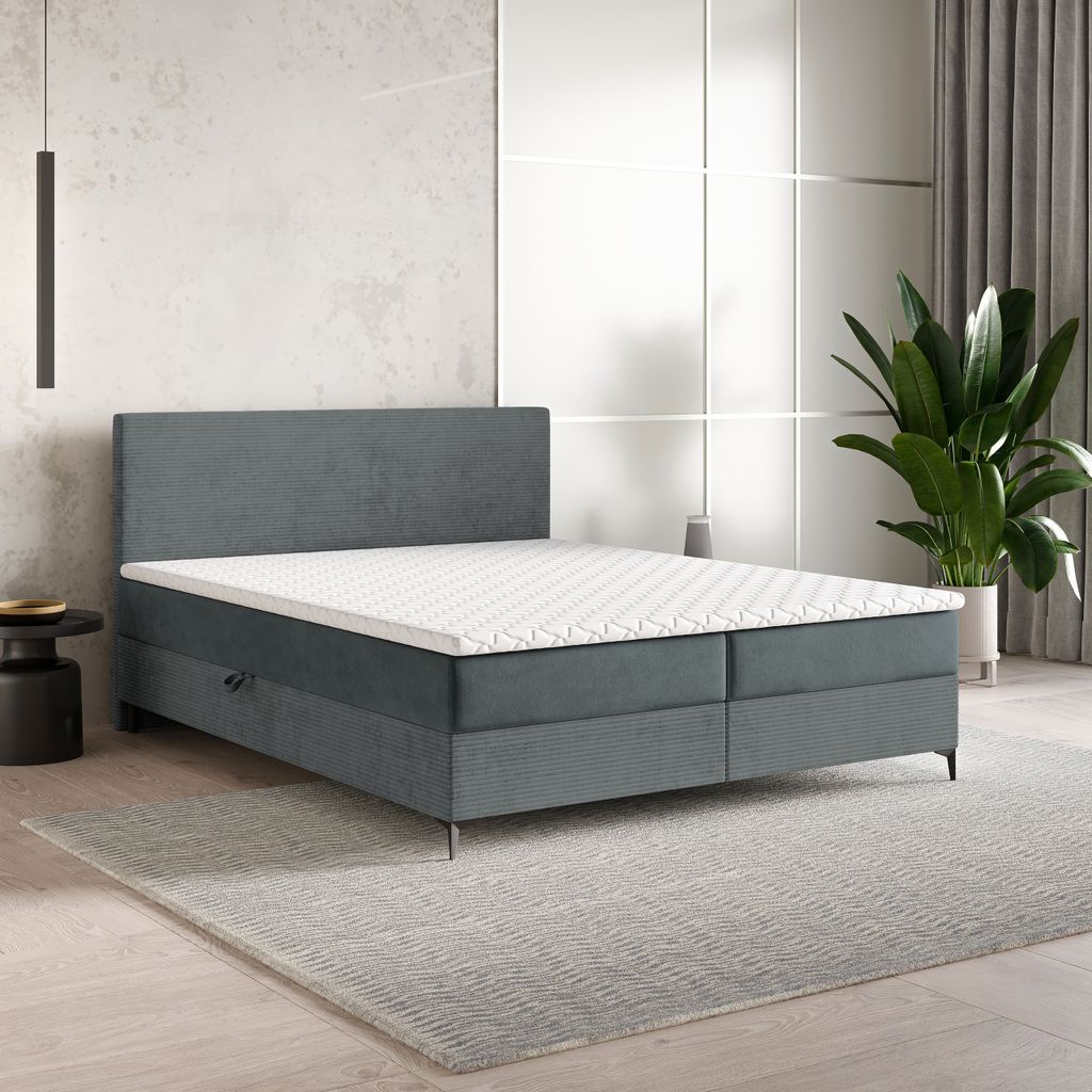 Masseno Boxspringbett TORREL 160x200 cm Komplett-Set mit Bonell Matratze und Topper, Polsterbett mit Bettkästen -Grau, POSO 60 + PAROS 06