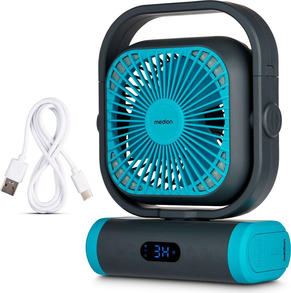 MEDION Ventilator E10 TF (Akku, Mini Ventilator, USB Ventilator klein mit Licht, Fernbedienung, 5 Stufen, Oszillation, Haken zum Aufhängen, Powerb...