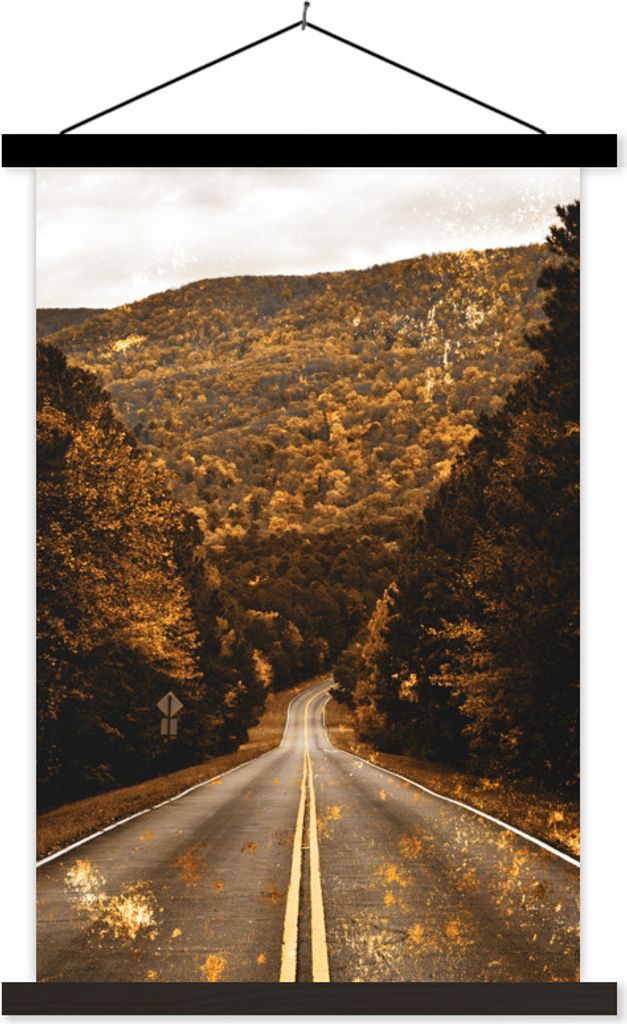 MuchoWow Textilposter Gold - Straße - Bäume 120x180 cm mit schwarzem Rahmen - Fotos