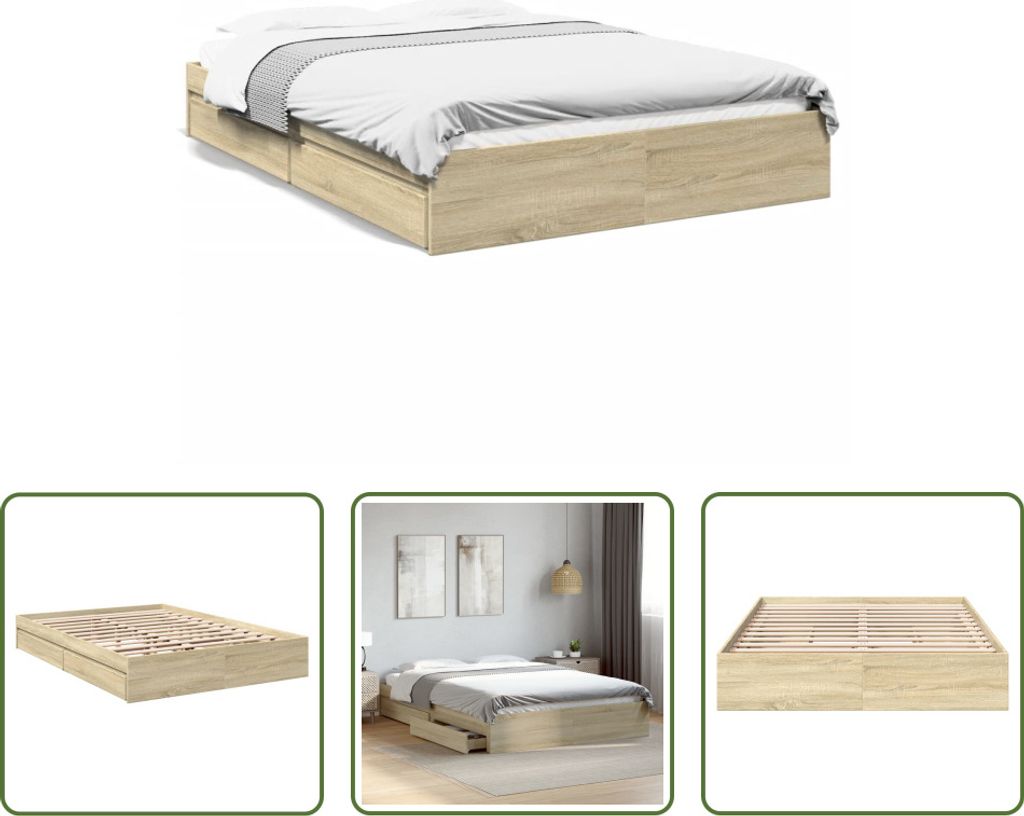 The Living Store Bettgestell mit Schubladen Sonoma-Eiche 160x200cm Holzwerkstoff