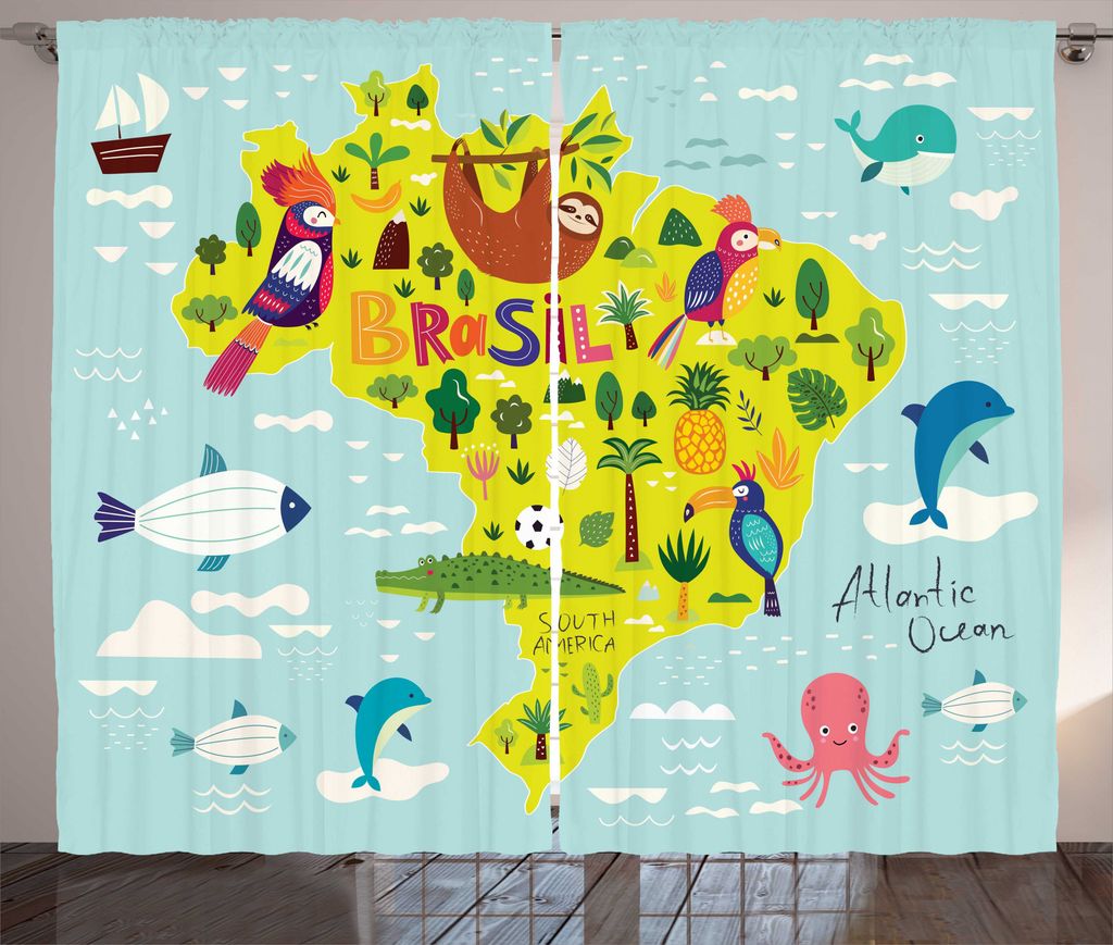 ABAKUHAUS Krokodil Rustikaler Gardine, Brasil Map Symbolischer Artikel, Wohnzimmer Universalband Gardinen mit Schlaufen und Haken, 280 x 225 cm, Bl...
