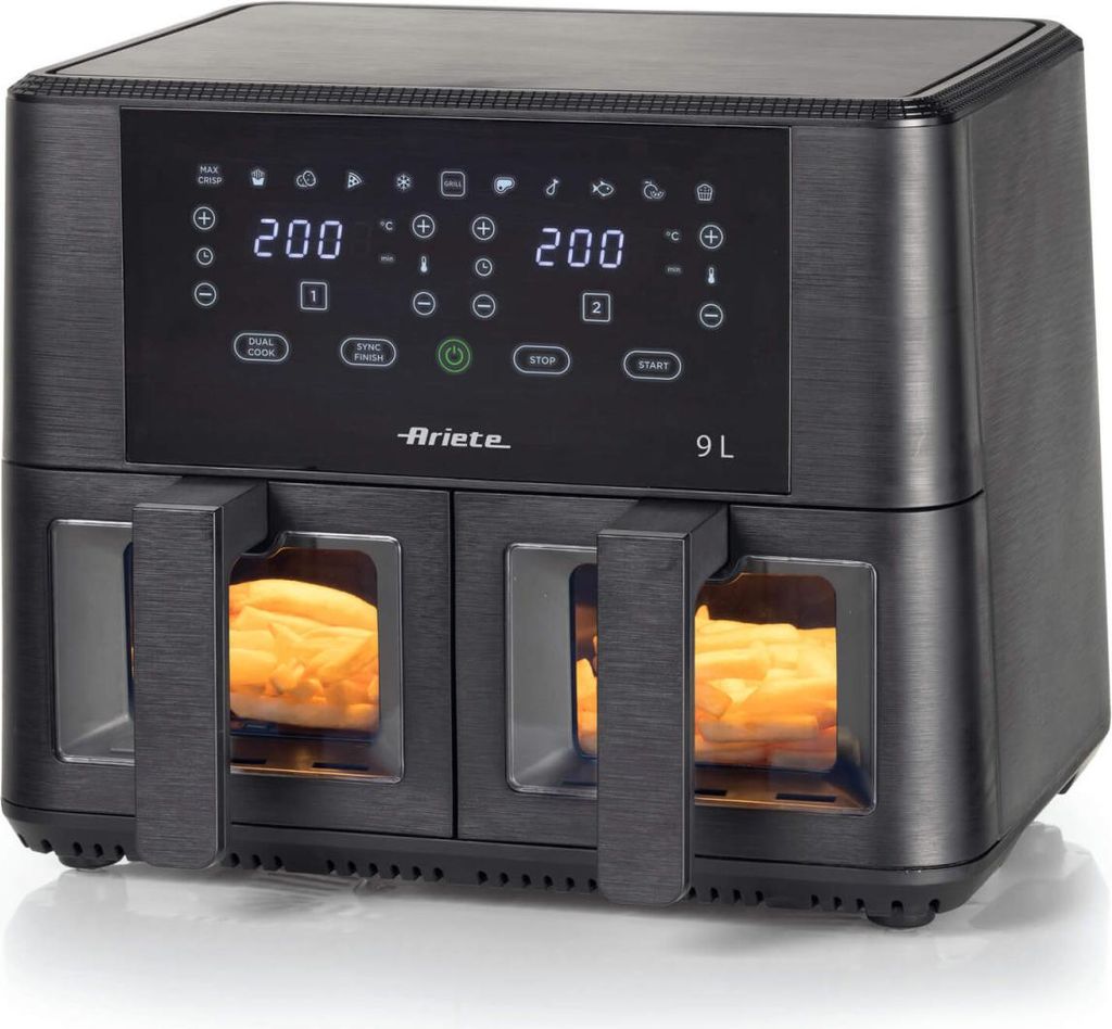 A black dual-basket air fryer with food inside, shown from the front.