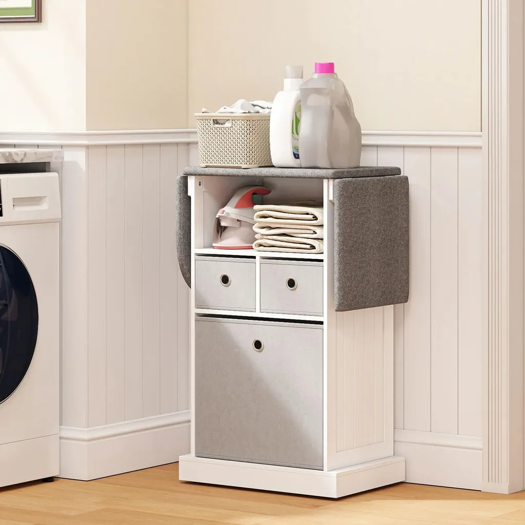 Station de repassage pliable L - Table avec 3 tiroirs et roulettes 121cm