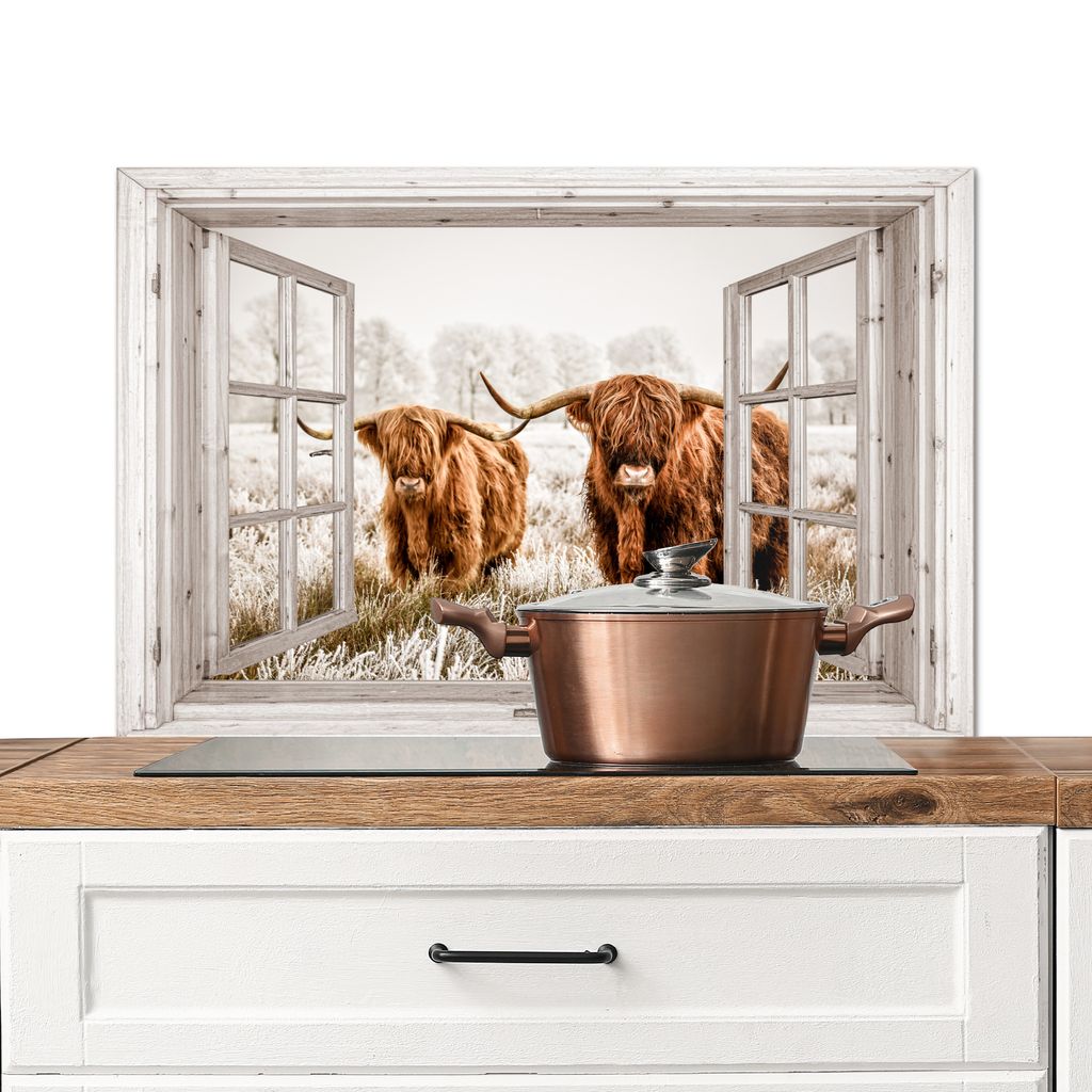 KitchenYeah Spritzschutz Küche - Küchenrückwand - Wandschutz für Herd und Spüle - Durchblick - Schottische Hochlandrind - Tiere 90x60 - Alu-...