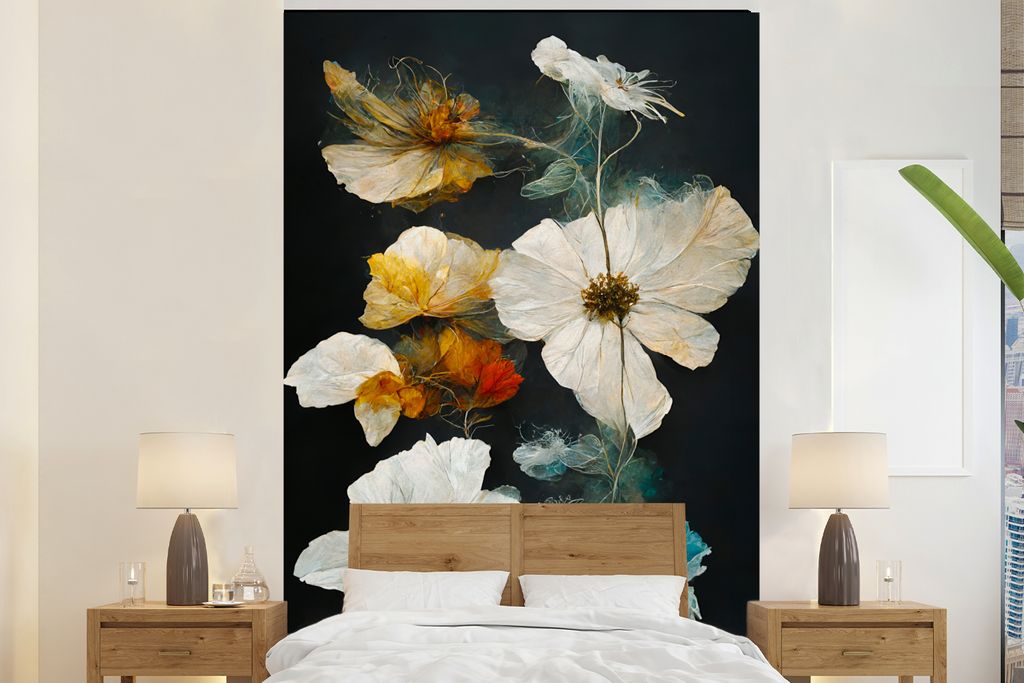 MuchoWow Fototapete für Wohnzimmer oder Schlafzimmer Wandtapete Vinyl Motivtapete Blumen - Pflanzen - Schwarz - Weiß - 160x240 cm - Vinyltapete