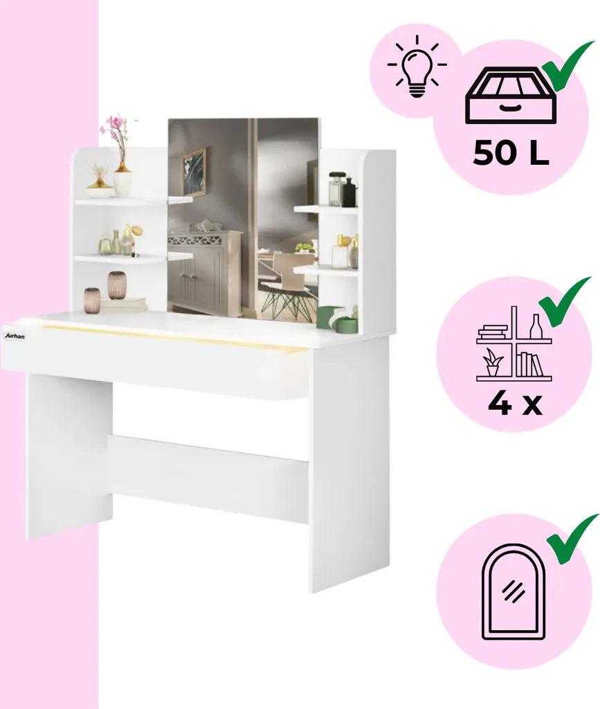 Grande Coiffeuse Blanche LUCIA 108cm, Finition Mate et Design Contemporain