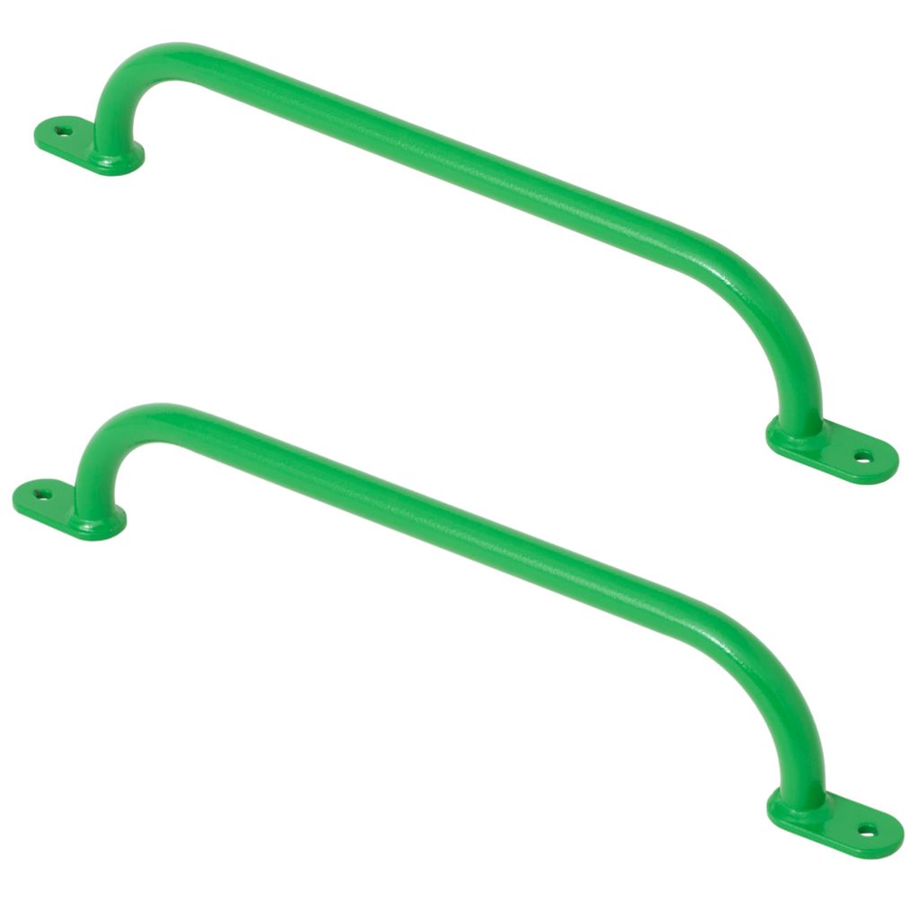 Two green climbing handles are shown against a white background.
