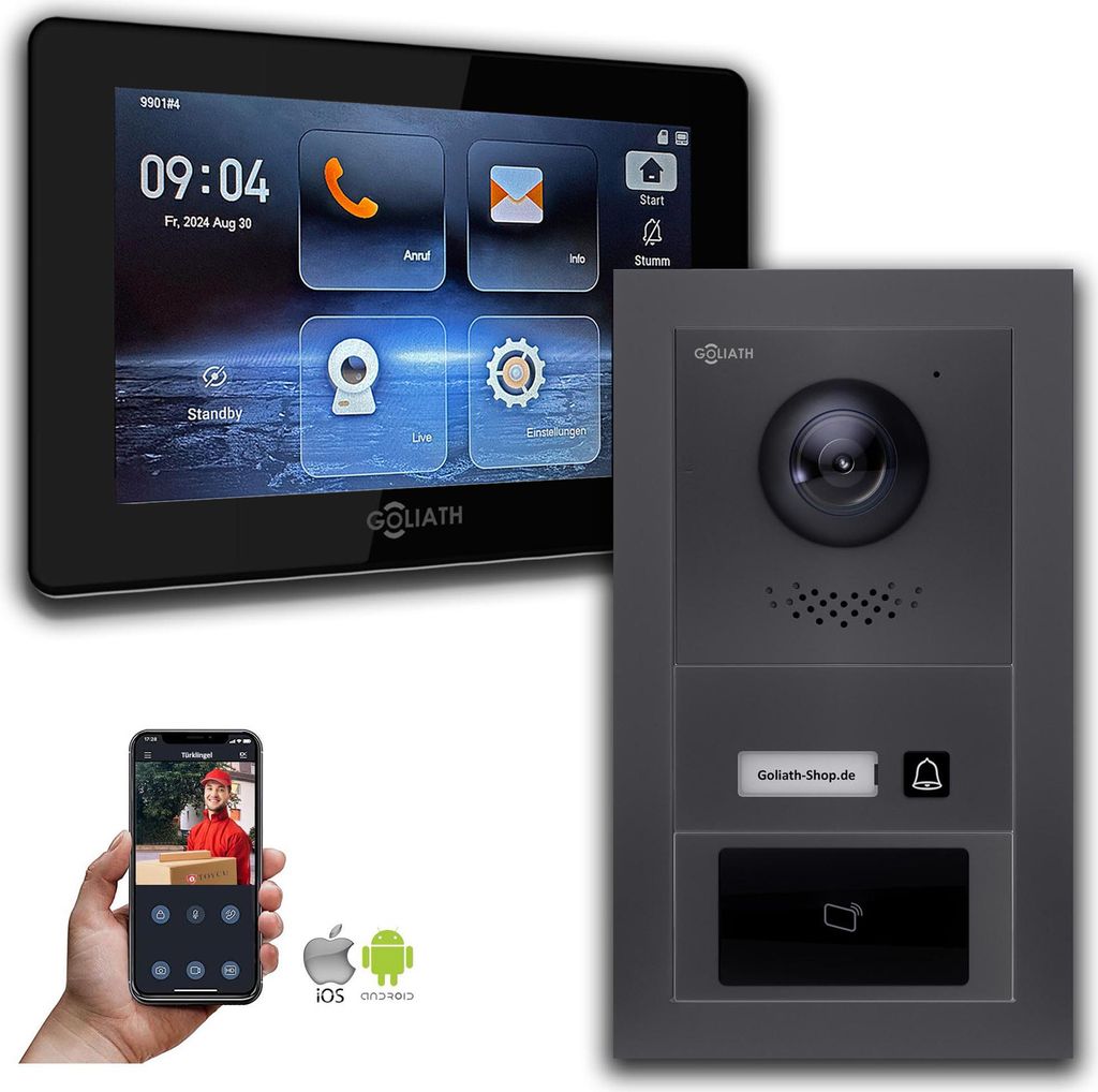 Goliath IP Video Türsprechanlage mit Kamera 7-Zoll RFID Anthrazit : Unterputzdose : 7 Zoll in Schwarz : 1 Monitor Anzahl: 1 Monitor Farbe: 7 Zoll ...