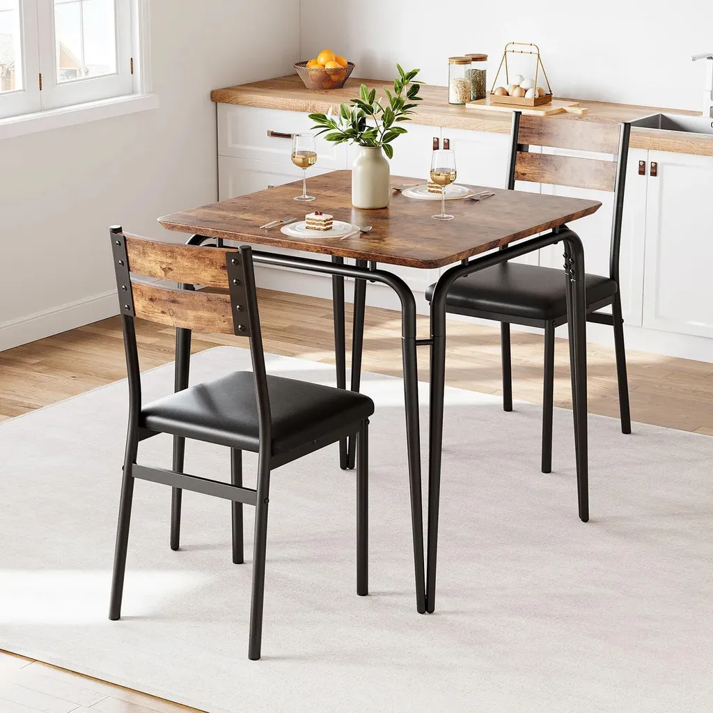Ensemble table à manger 3 pièces avec 2 chaises rembourrées noir et bois