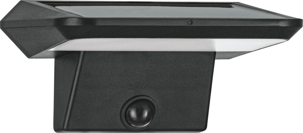 A black outdoor solar lamp with a motion sensor is shown against a white background.