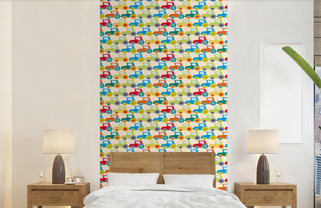 MuchoWow Fototapete für Wohnzimmer oder Schlafzimmer Wandtapete Vinyl Motivtapete Muster - Traktor - Farben - Jungen - Kinder - Kinder - 120x240...