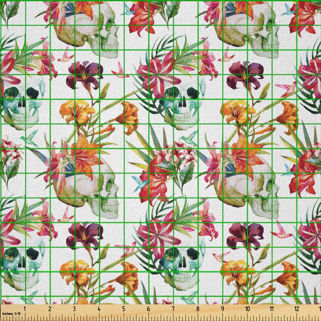 ABAKUHAUS Schädel Microfaser Stoff als Meterware , Lilien tropische Blumen Blüten verlässt Schädel mit Aquarell Malerei Effekt, 5 M (230 x 500 ...