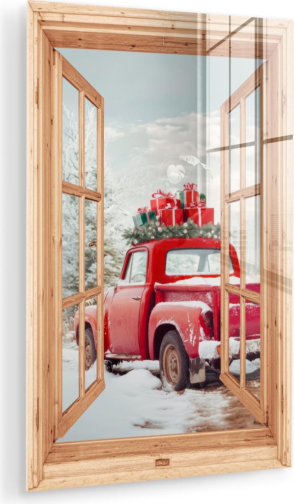MuchoWow Glasbilder - Bilder auf Wandbild - Foto auf Glas Durchsichtig - Auto - Weihnachten - Geschenke - Winter - Landschaft 40x60 cm Wanddekorati...