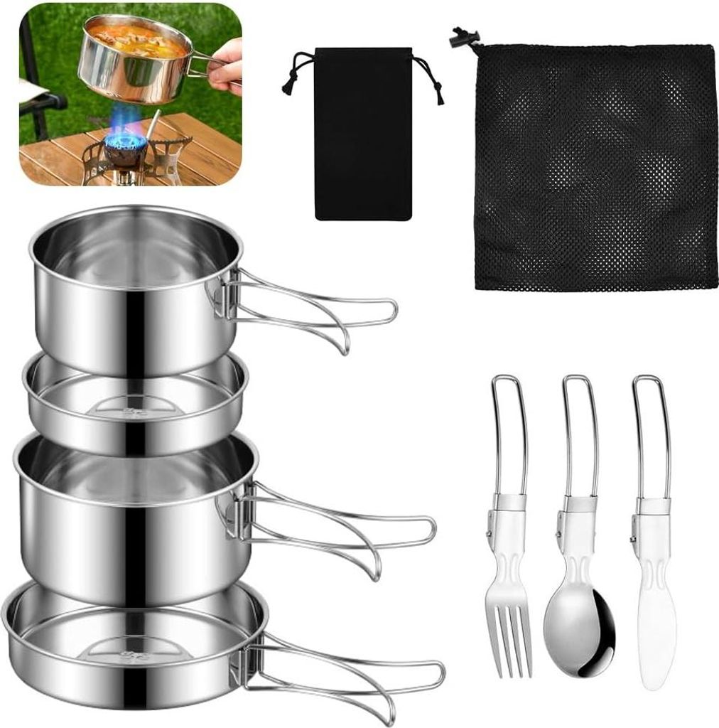 SLTAXAR Camping Kochgeschirr Set Edelstahl Kochtopf mit Pfanne Outdoor Picknick Topf 2-3 Personen Tragbarer Stapelbar für Backpacking Wandern