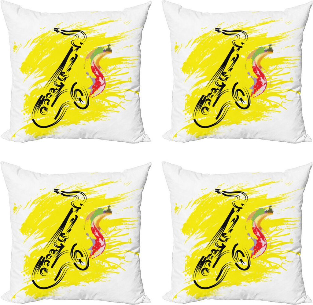 ABAKUHAUS Jazz Musik Kissenbezug Set (4 Stück), Jazz-Saxophon, Moderner Doppelseitiger Digitaldruck, 60 cm x 60 cm, Gelb Schwarz