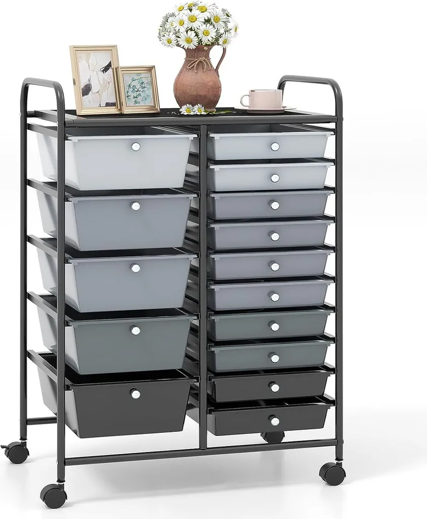 Chariot de rangement à 15 tiroirs avec plateau supérieur en métal noir