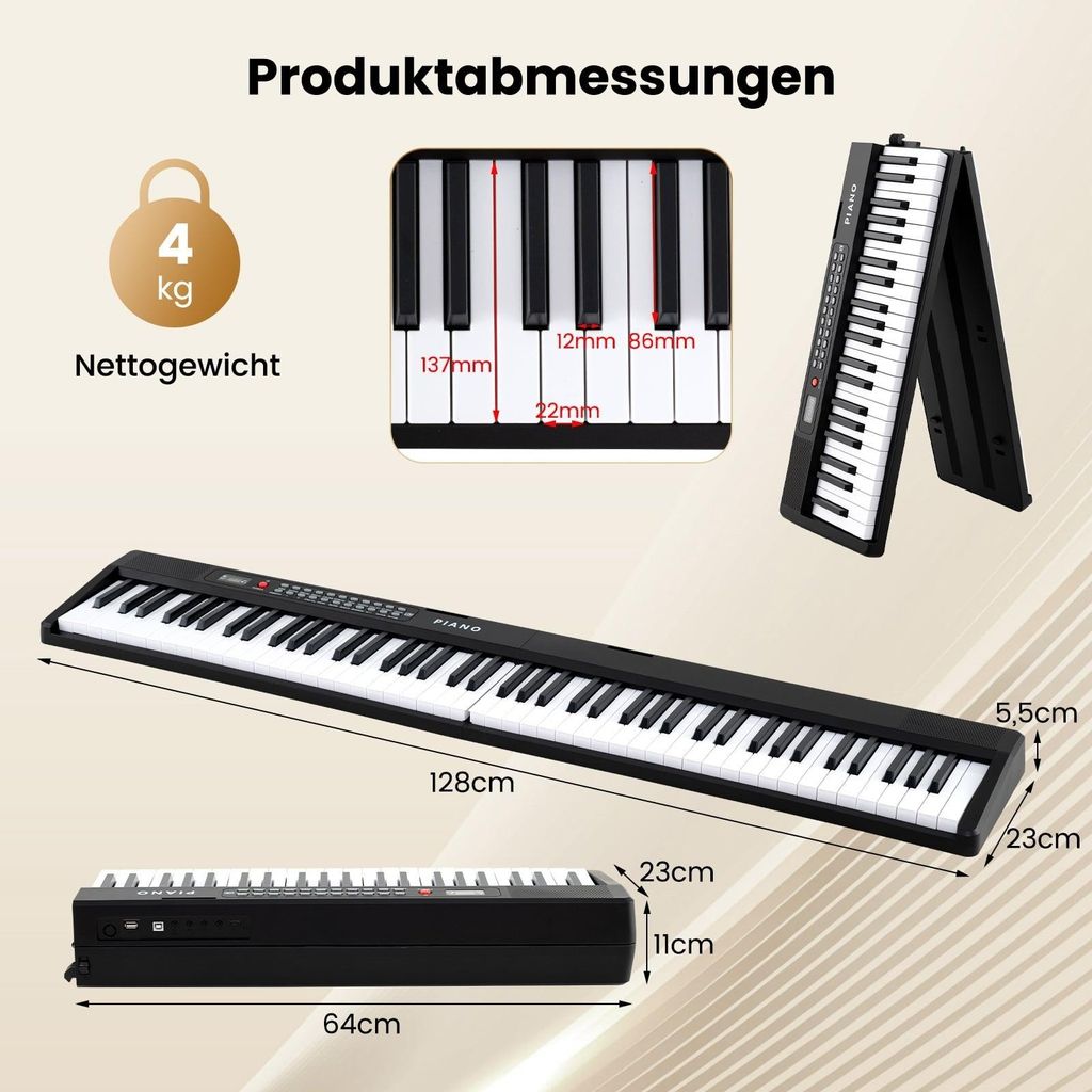 Faltbares 88-Tasten-Piano-Keyboard mit Dual-Modus und Lernfunktion