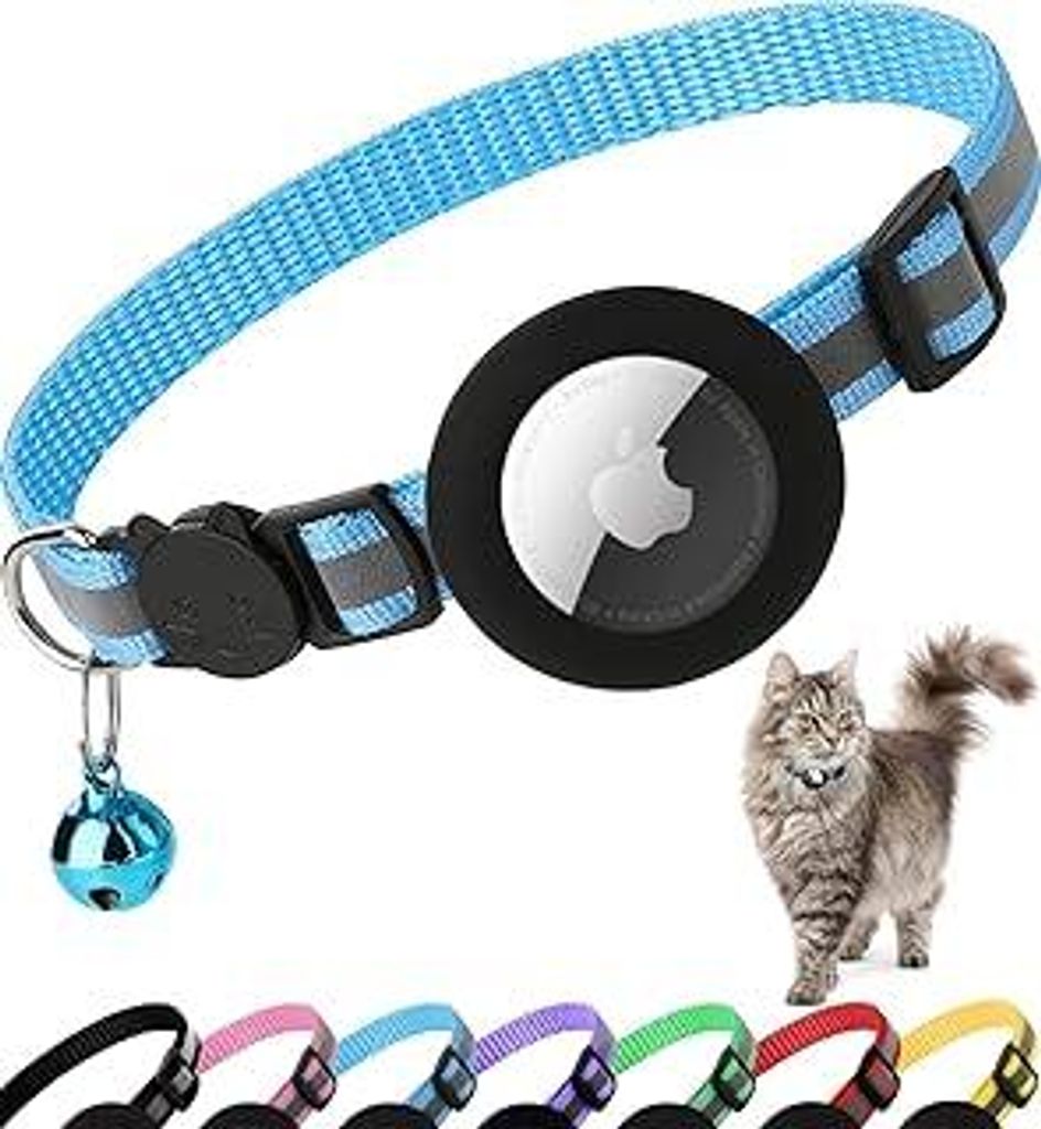 Katzenhalsband Airtag, Reflektierendes Halsband Katze mit Sicherheitsverschluss, Air Tag Schutzhülle und Glöckchen, geeignet für Katzen Aller Gr...