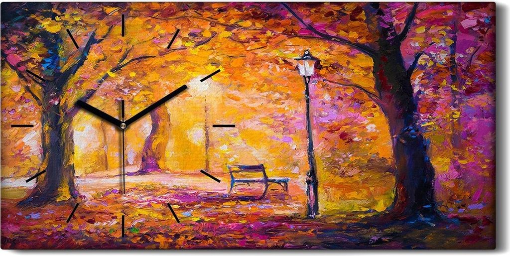 Dekor Leinwand Uhr Wandbilder 60x30 Gemälde Wald Park Bäume Lampe Bank Blätter - schwarze Hände