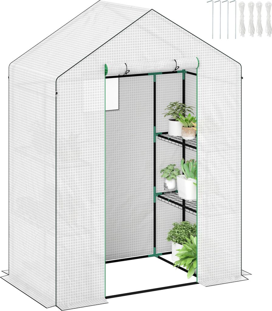 Gewächshaus mit Regalen, Mini-Treibhaus, UV-beständig, Netzfenster, Reißverschlusstür, 143 L x 74B x 190H cm, Stahl, Kunststoff, 143 x 74 x 190 cm