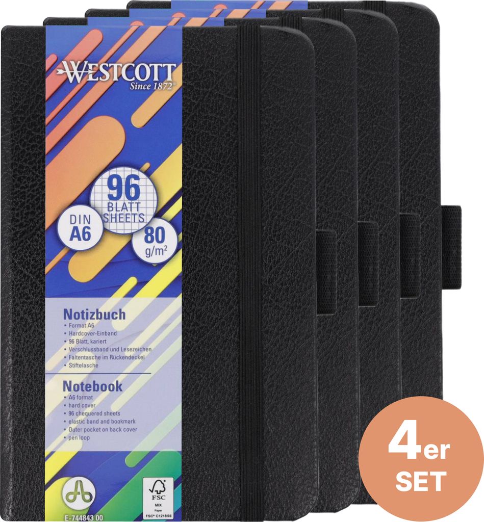 Westcott Notizbuch DIN A6 kariert 4-er Pack mit Innentasche, Lesezeichen & Stifthalter - Schule, Uni Büro