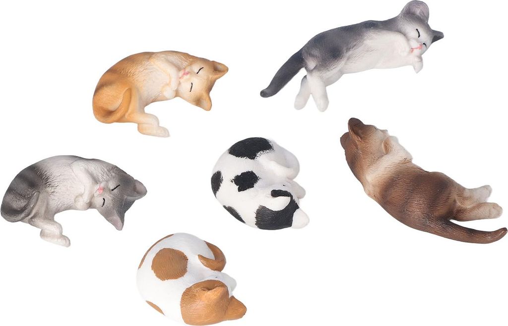 6 Stück Mini-Katzenfiguren im schlafenden Stil, lebendige Farben, bemalt, detaillierte Textur, Kunststoff-Spielzeugkatzen für Bücherregal, Schre...
