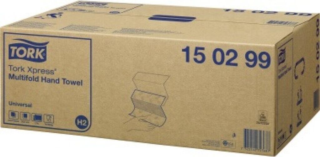 A cardboard box containing Tork Xpress Multifold Hand Towels.