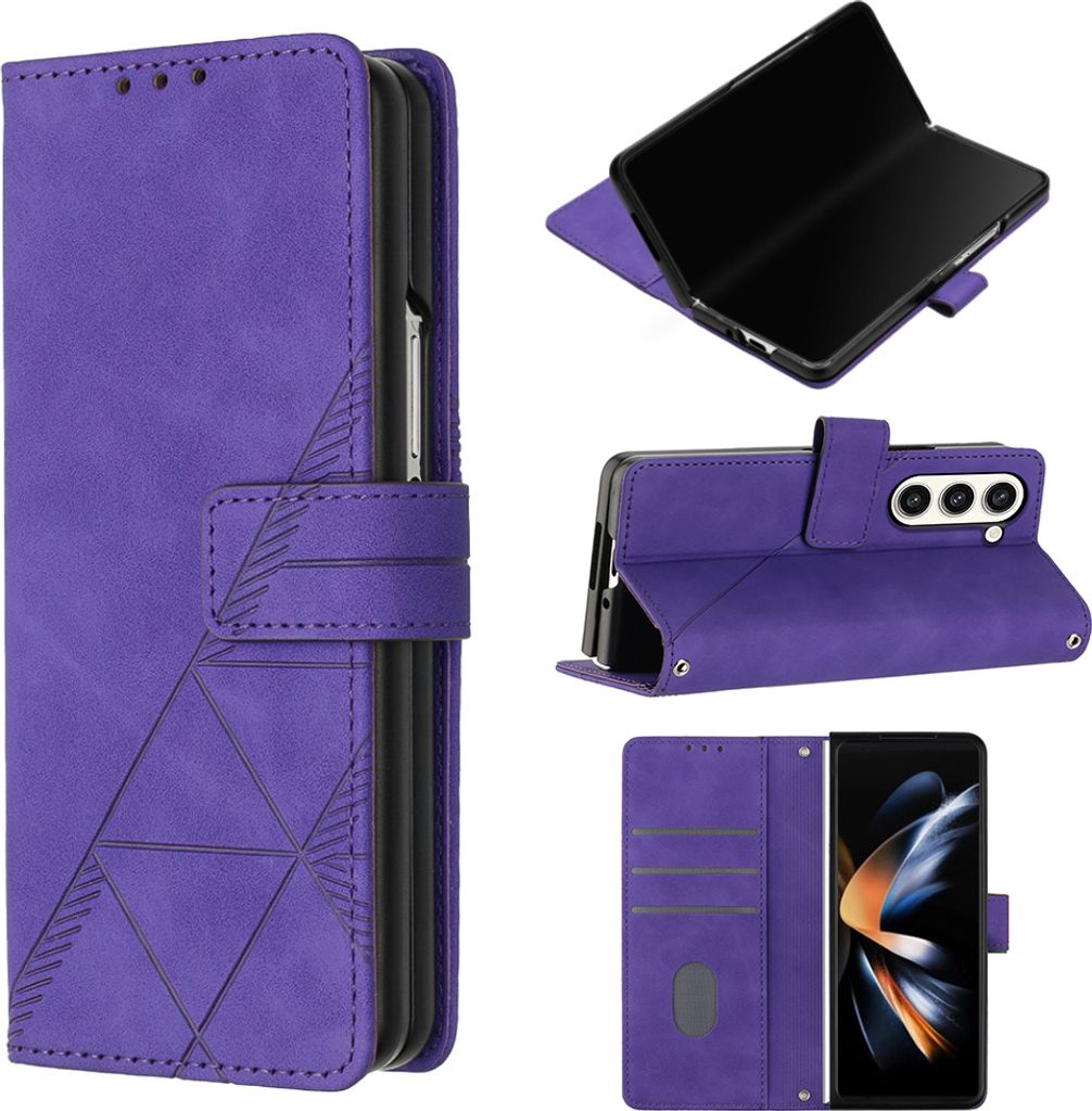 Hülle für Samsung Galaxy Z Fold 5 Prägung Flip Leder Kartenfächer Schutzhülle mit Ständer Lila