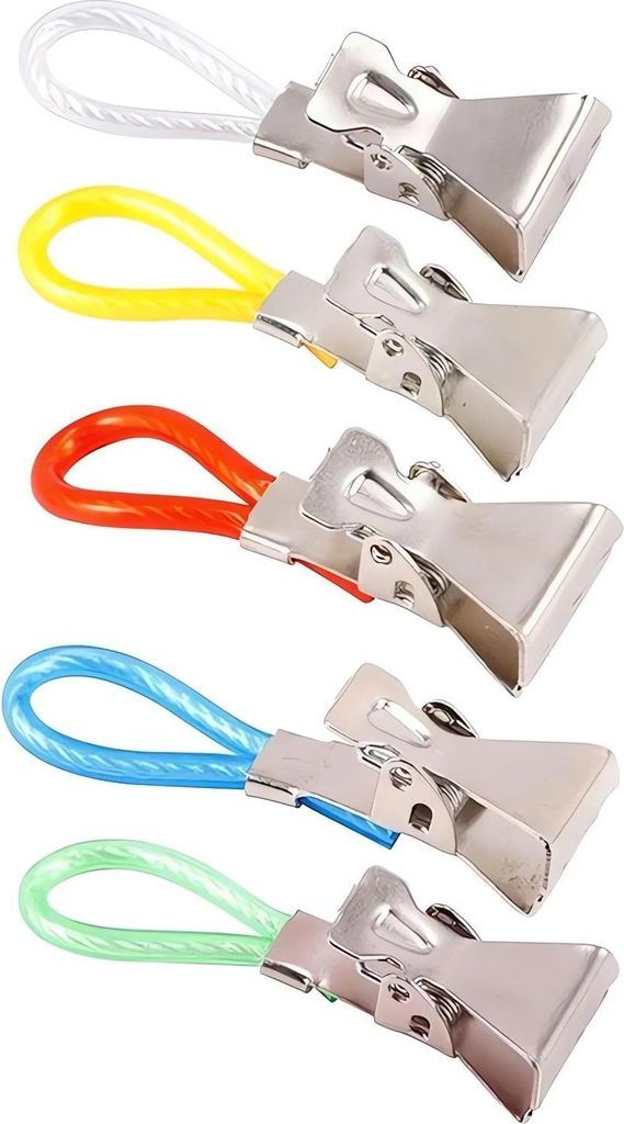 A set of five clips with colored loops, arranged vertically against a white background.