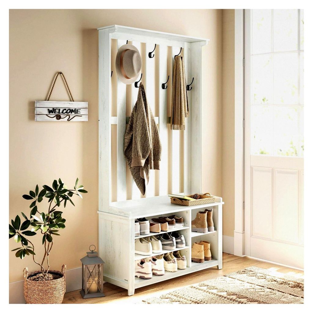 Garderobenständer mit Schuhbank und Ablage, 7 Doppelhaken für Jacken, Hüte, Flur, Schlafzimmer, Wohnzimmer, 35 x 81 x 180 cm, vintageweiß