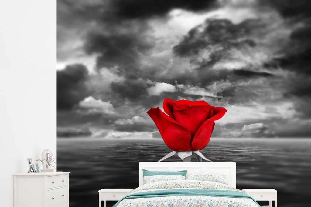 MuchoWow Fototapete für Wohnzimmer oder Schlafzimmer Wandtapete Vinyl Motivtapete Schwarz-Weiß-Fotografie einer roten Rose vor einem Meer und e...