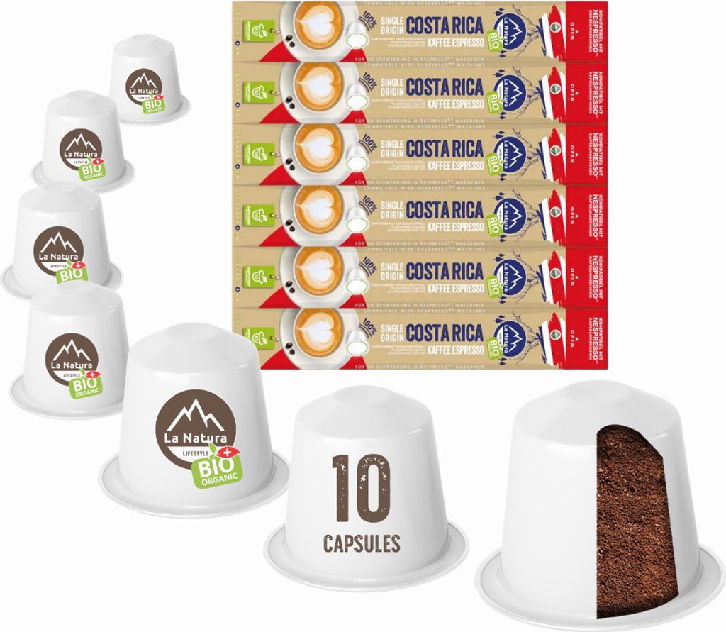 Costa Rica Plantagen Single Origin Kaffee - 60 Kaffeekapseln | La Natura Lifestyle Organic 306g| biobasiert | Nespresso *³ kompatible