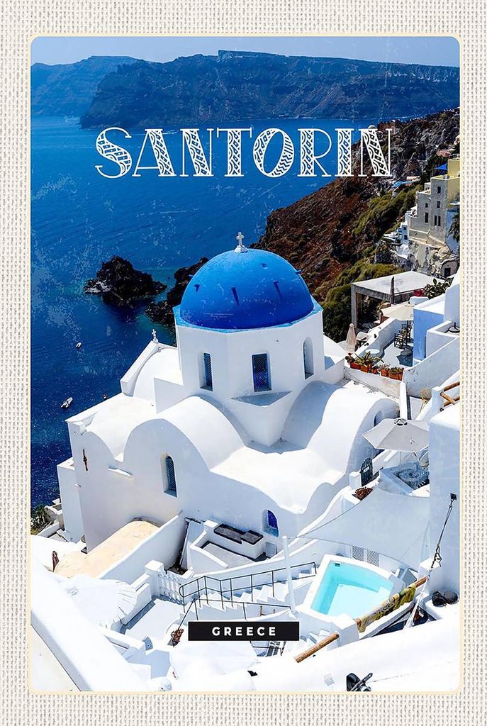 vianmo Holzschild 18x12 cm Santorini Greece Gebäude weiß blau Bildmotiv Reisemotiv Abenteuer Reisen