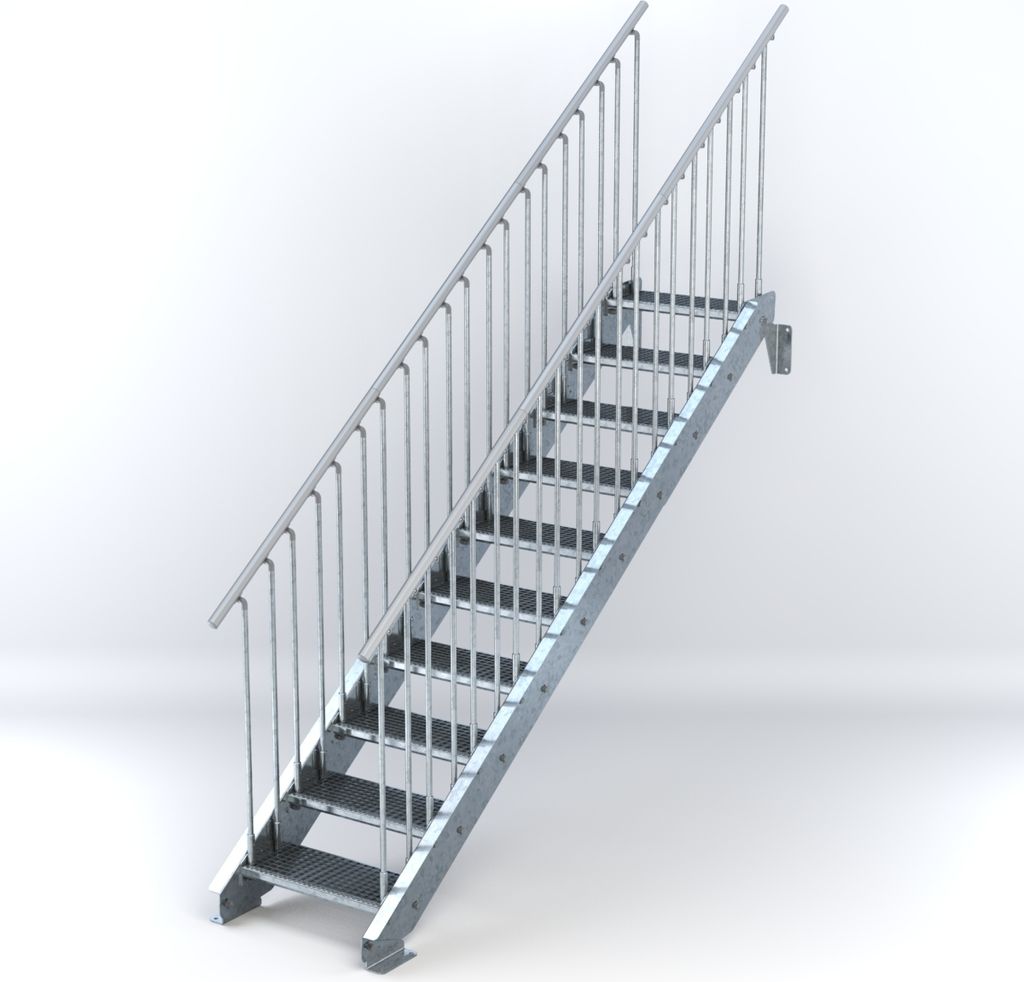 Stahltreppe 10 Stufen bis Höhe 200 cm, Laufbreite : 60 cm beidseitiges Geländer ST 1 (31 / 31 mm)
