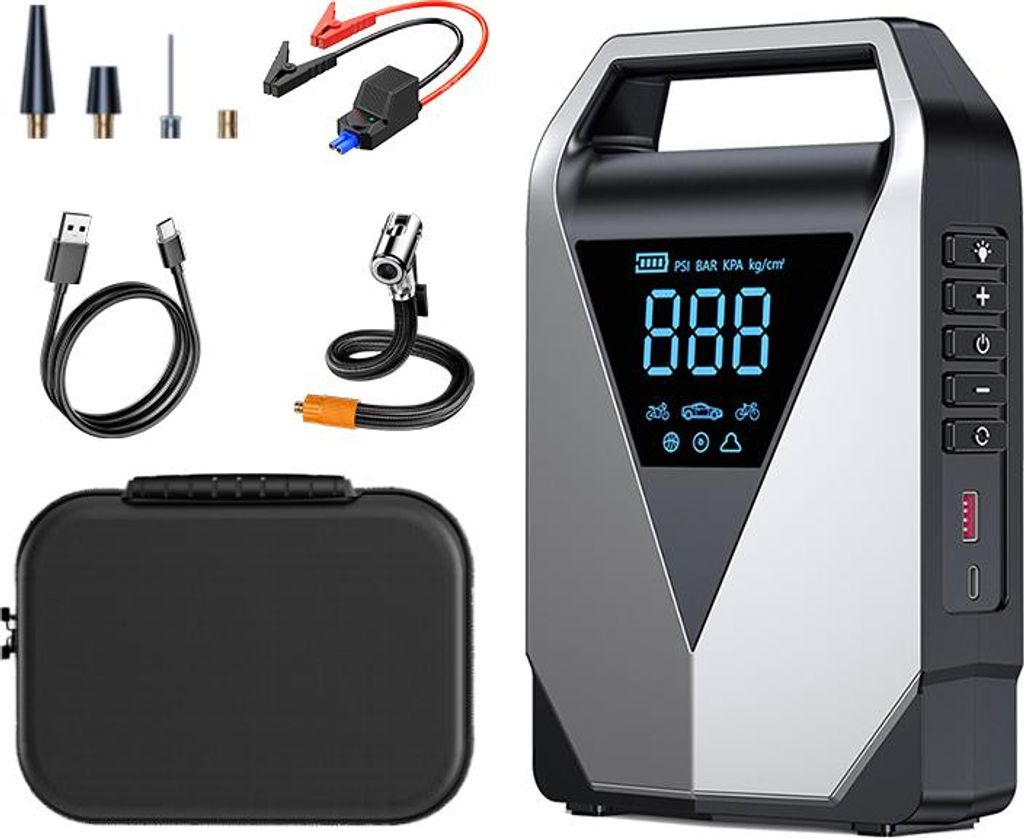 Tragbare 4500A Starthilfe mit 150PSI Kompressor & Powerbank, Auto Batteriestarter 12V, USB-C Eingang, Reifenpumpe, LED-Notlicht - 4500A 12000mAh