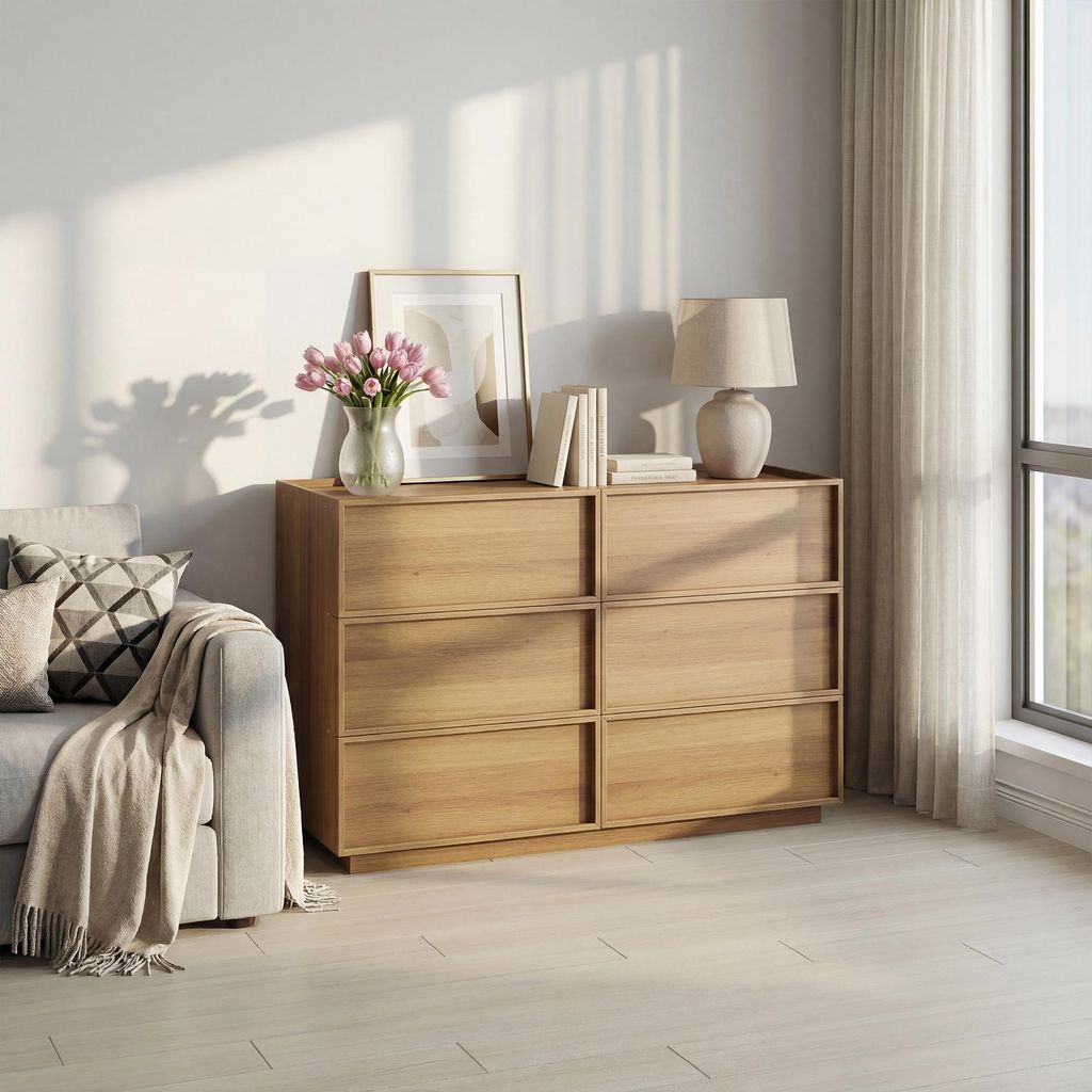 Kommode 6 Schubladen 115x78 cm – Kleiderschrank/Schrank in Eiche-Optik, MDF-Konstruktion, Aufbewahrungsmöbel für Wohnzimmer, Schlafzimmer & Flu...