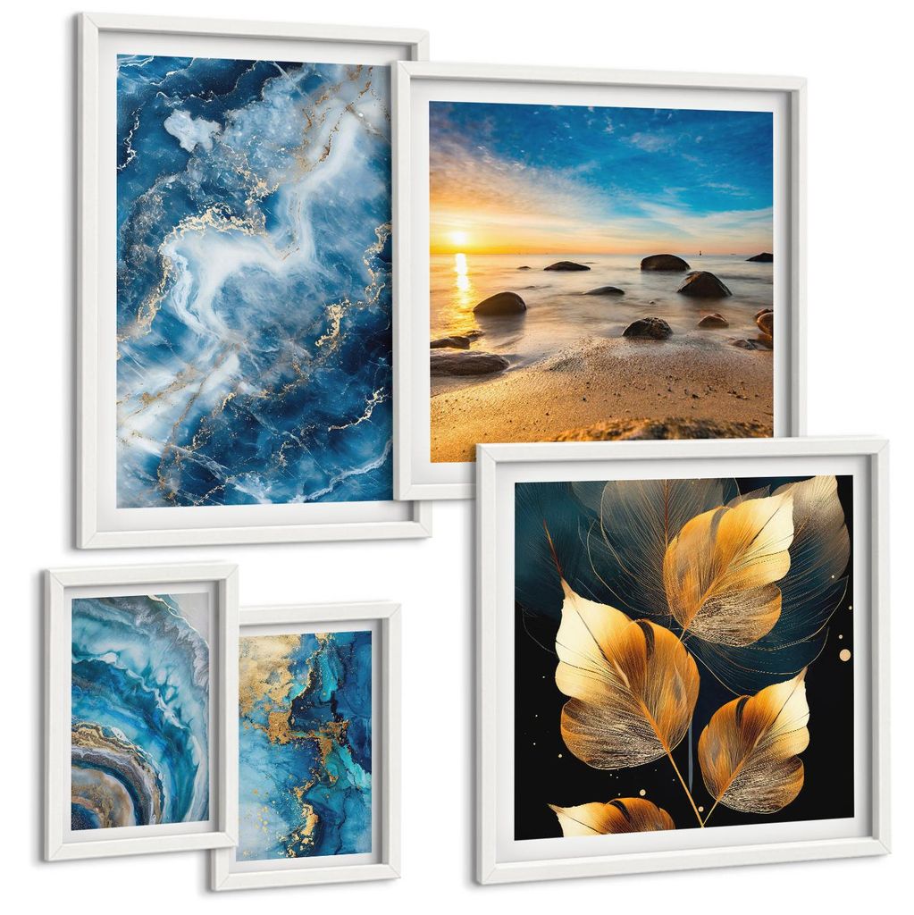 Bilder Set 5-teilig im Goldrahmen Rahmen – Wandbilder 5 Stück – gerahmte Poster für Wohnzimmer, Schlafzimmer und Flur – 50x50 cm - 40x60 cm...
