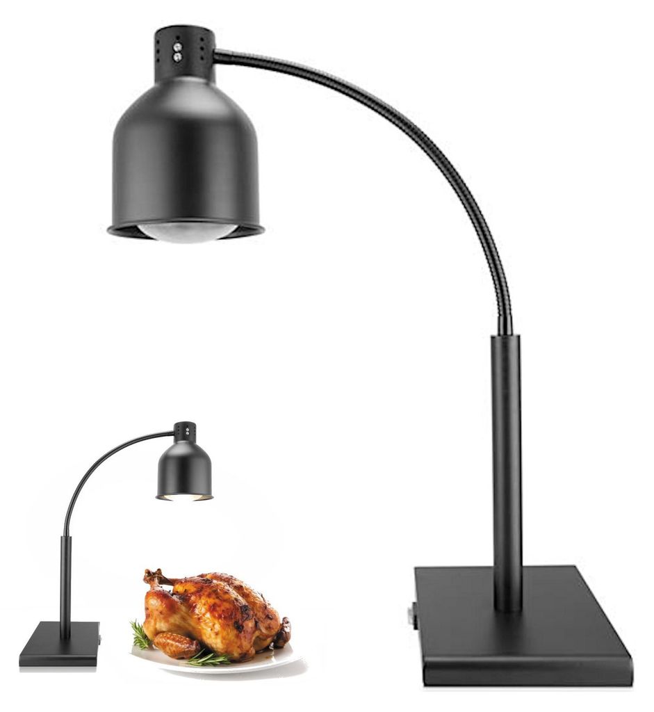A black heat lamp with a flexible neck stands on a white background. A smaller version of the lamp is shown in the lower left corner, illuminating a roasted chicken on a plate.