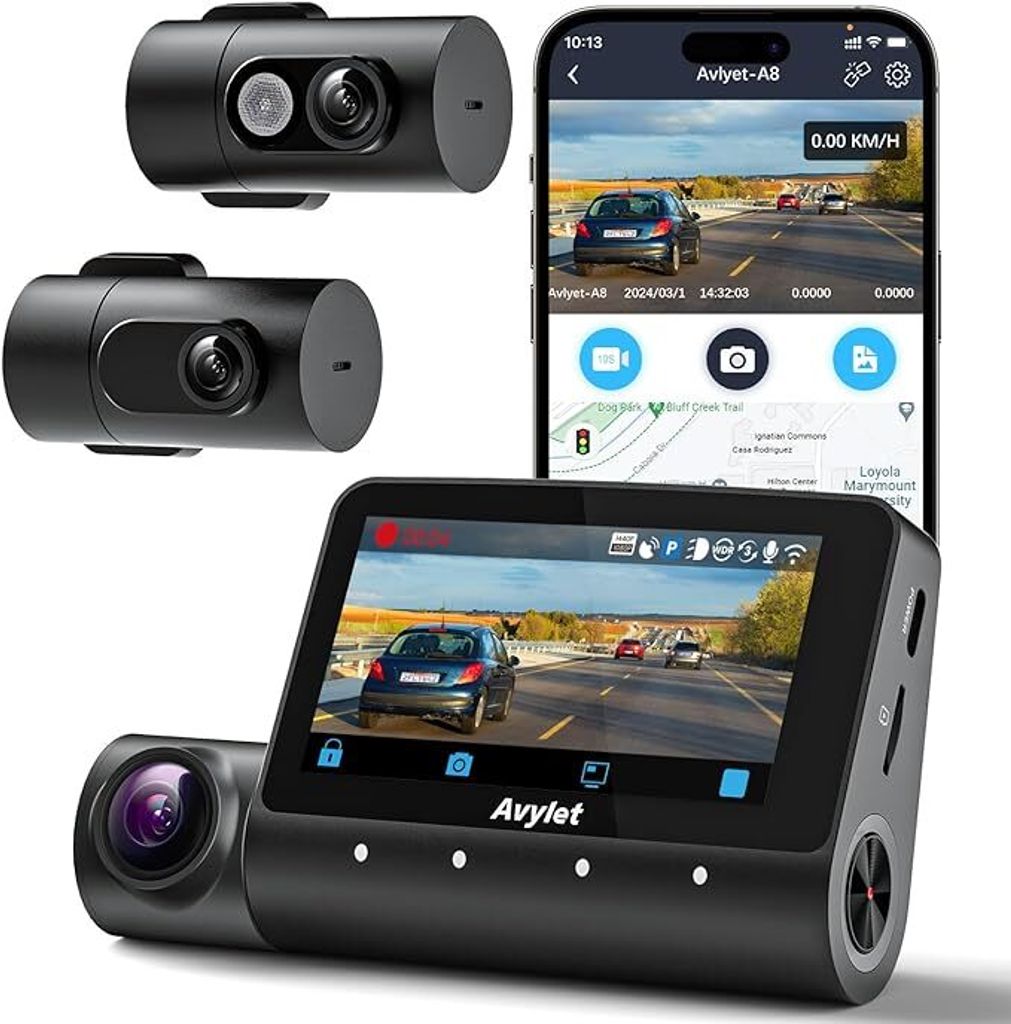 5K 3-Kanal-Dashcam Auto Wi-Fi,GPS,3lens 4K+1080P+1080P Vorne Hinten Innen Autokamera mit 3-Zoll-IPS-Bildschirm,IR-Nachtsicht,24h Puffer