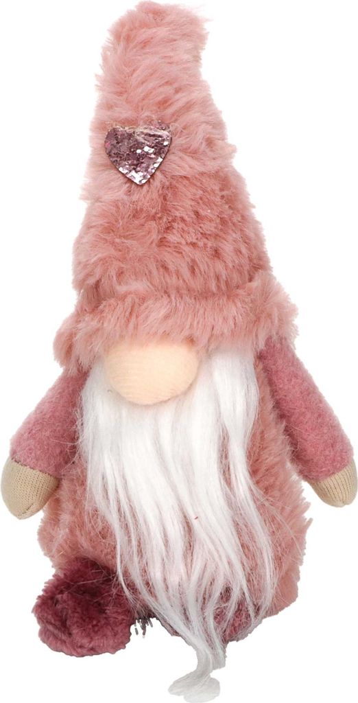 Weihnachtswichtel, handgearbeitet, skandinavische Weihnachtsdeko, rosa Zipfelmütze mit Glitzerherz, Knollennase, weißer Bart, freistehend, hochwe...