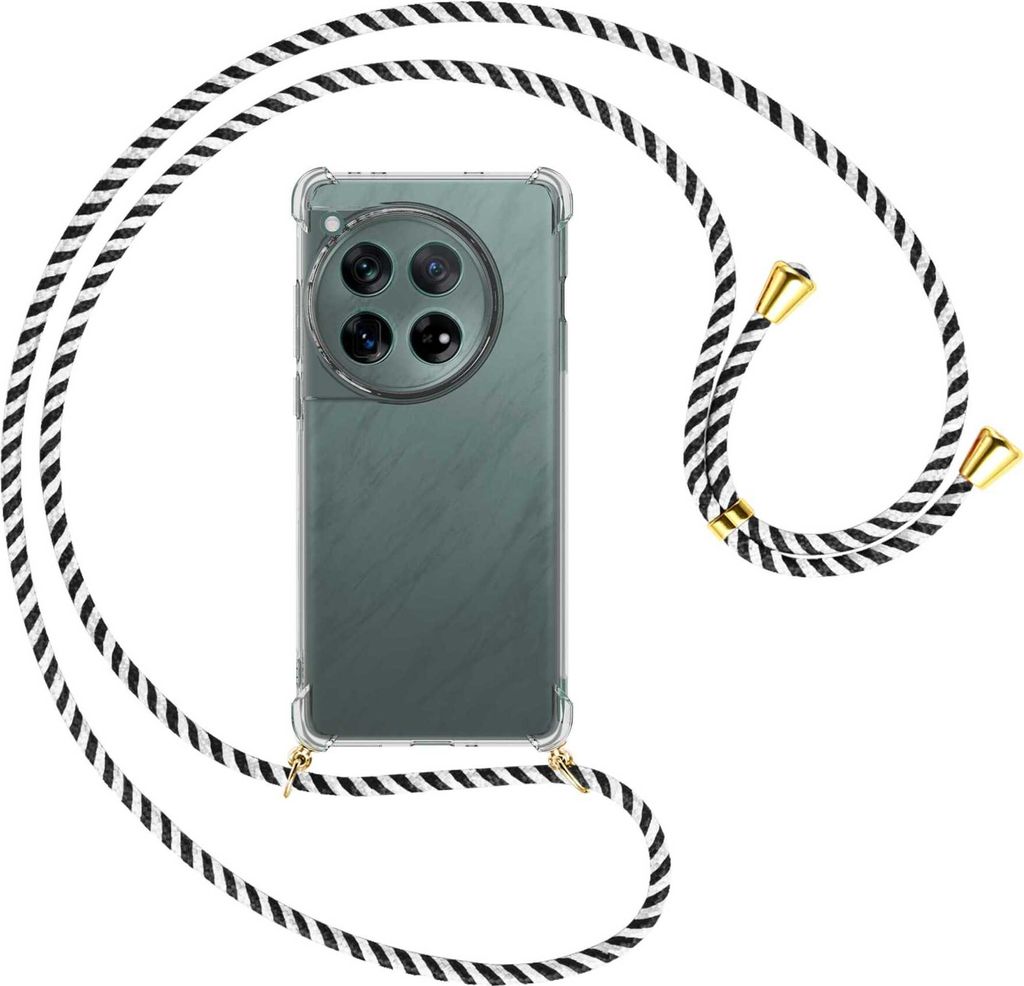 Handykette Backcover-Schutzhülle mit Band (Metall goldfarben) für OnePlus 12 5G (PJD110) - schwarz/weiß gestreift