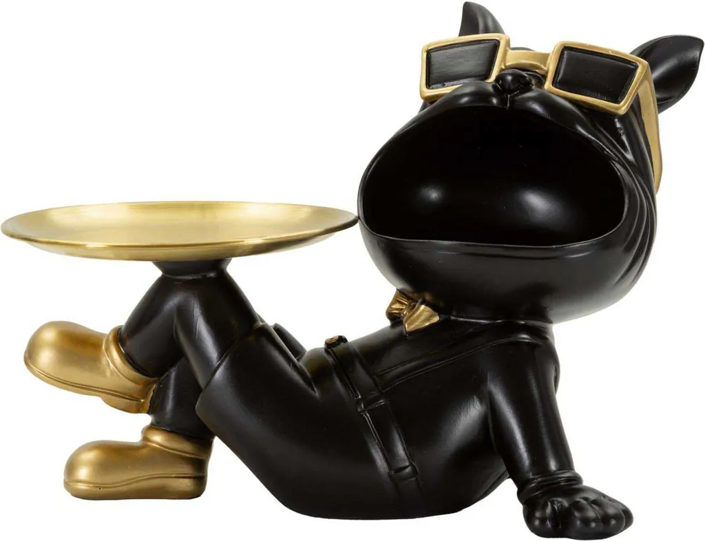 Mauro Ferretti Chien Buddy Figurine Décorative avec Plateau Noir Or