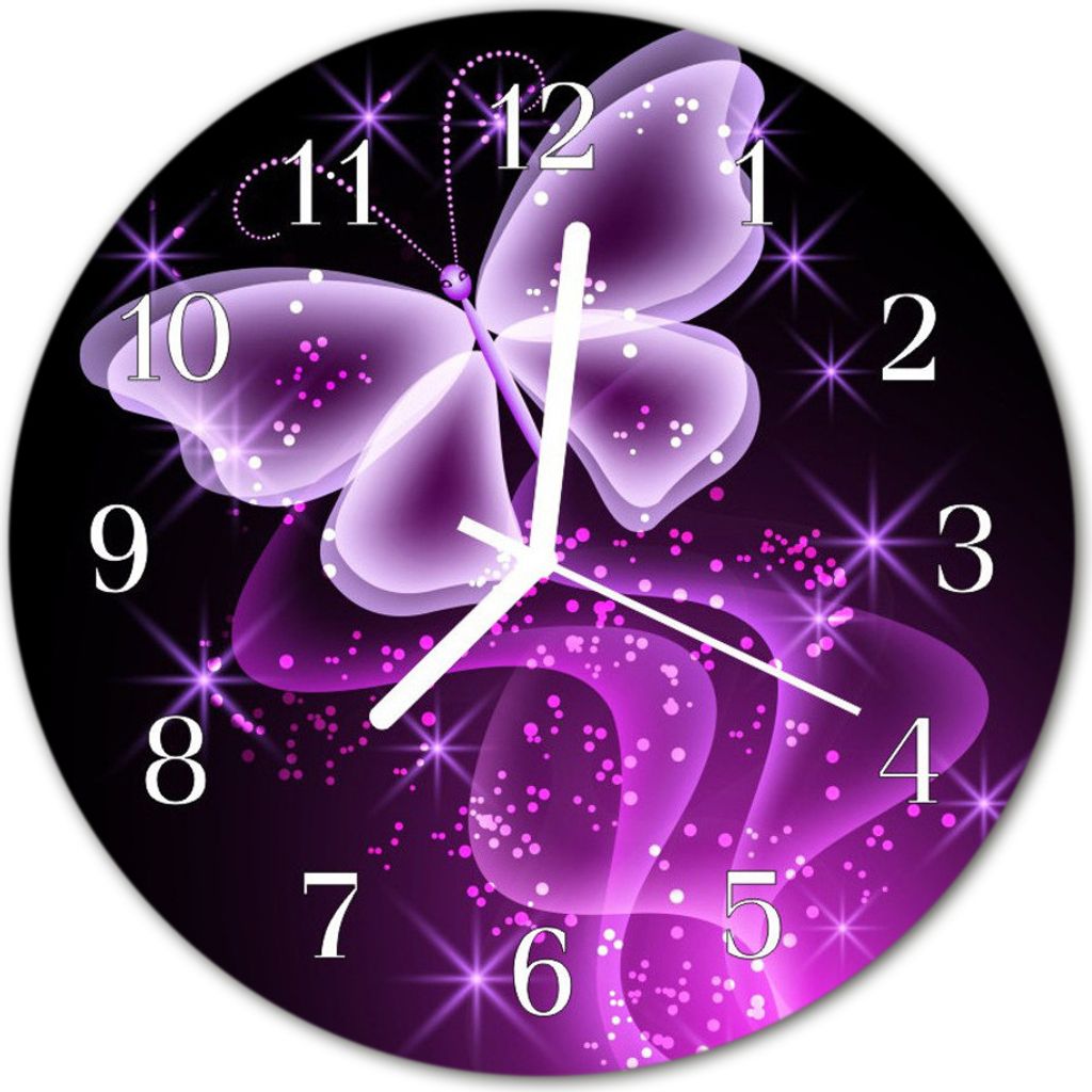 Glasuhr Wanduhr Küchenuhr Echt-Glas 30fi cm Schmetterling violett