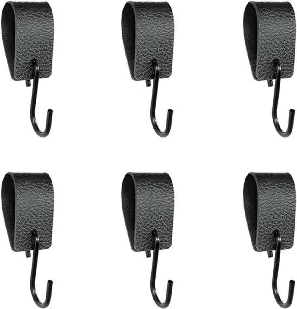 Crochets de penderie en métal et cuir noir multifonctionnels - 6 pcs