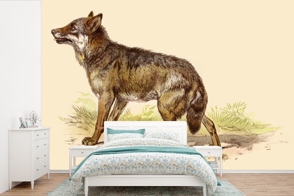 MuchoWow Fototapete für Wohnzimmer oder Schlafzimmer Wandtapete Vinyl Motivtapete Wolf - Raubtier - Pflanzen - 450x300 cm - Gemusterte