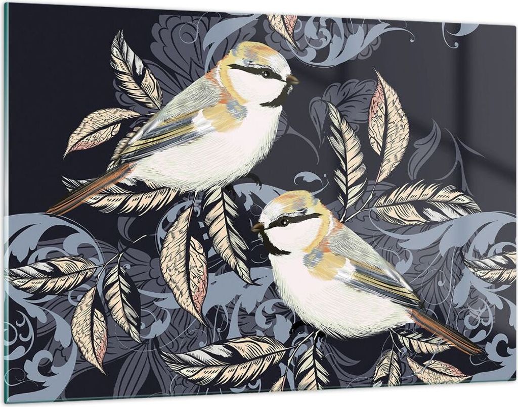 Bilder auf glas - Einteilig - Vögel Blätter Ornament - 120x80cm - Glasbilder - Wandbilder - Bilder - zum Aufhängen bereit - Wanddekoration aus G...