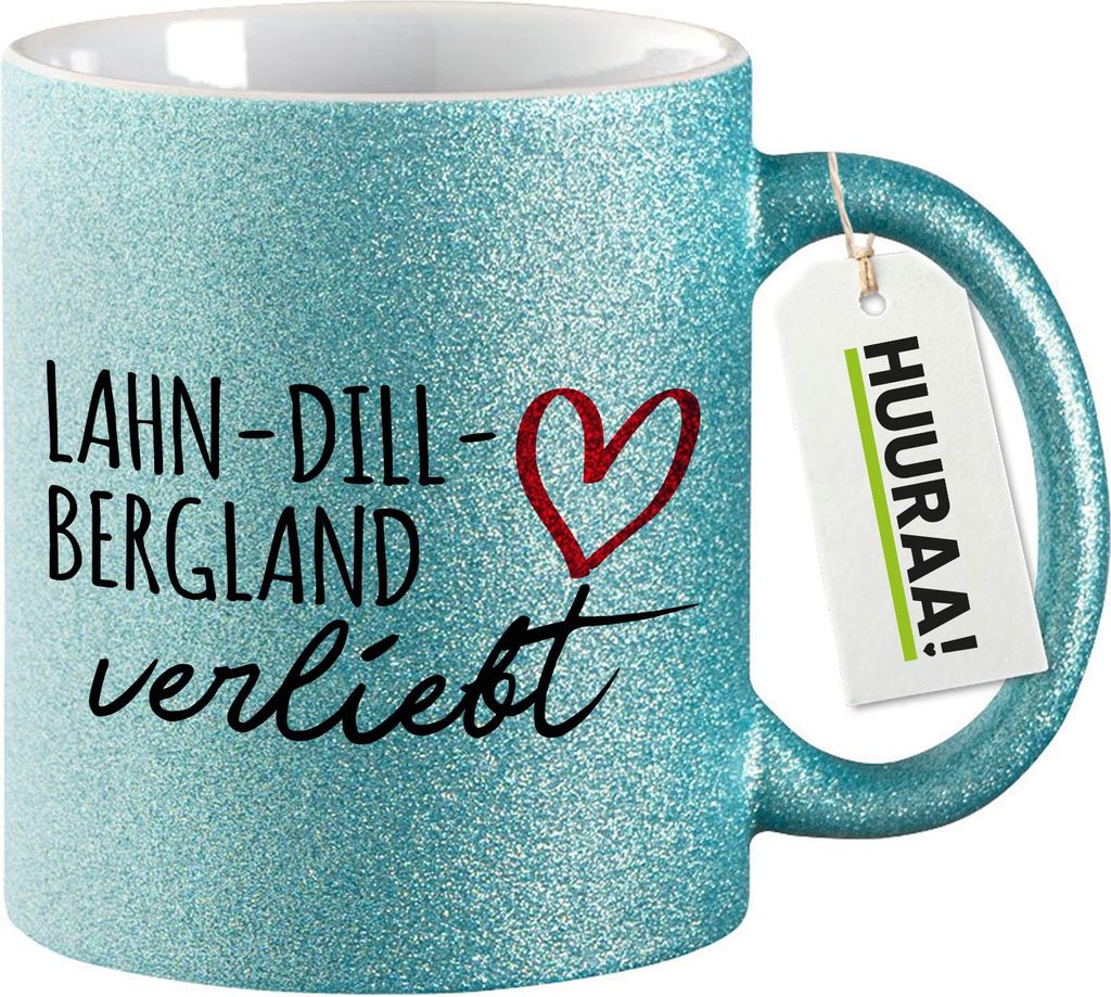 Huuraa Glitzertasse Lahn-Dill-Bergland verliebt 330ml Blau Keramik Kaffeebecher Geschenkidee