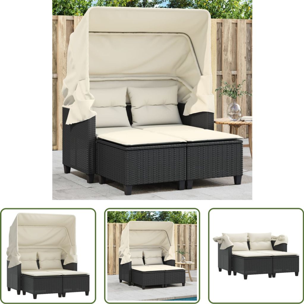 The Living Store Gartensofa 2-Sitzer mit Dach und Hockern Schwarz Poly Rattan