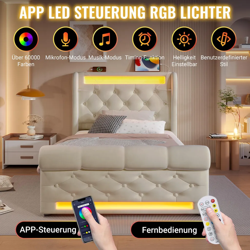 Lit rembourré 90x200 beige avec coffre de rangement et LED intégrées - 5